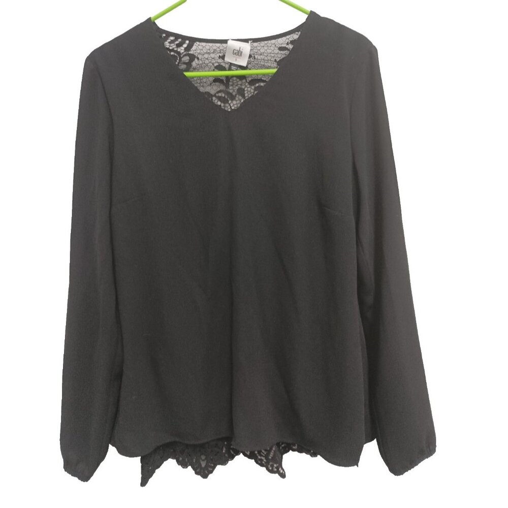 CAbi #3331 Womens Temptess Blouse Top Small Black Layered Lace Back Long‎ Sleeve